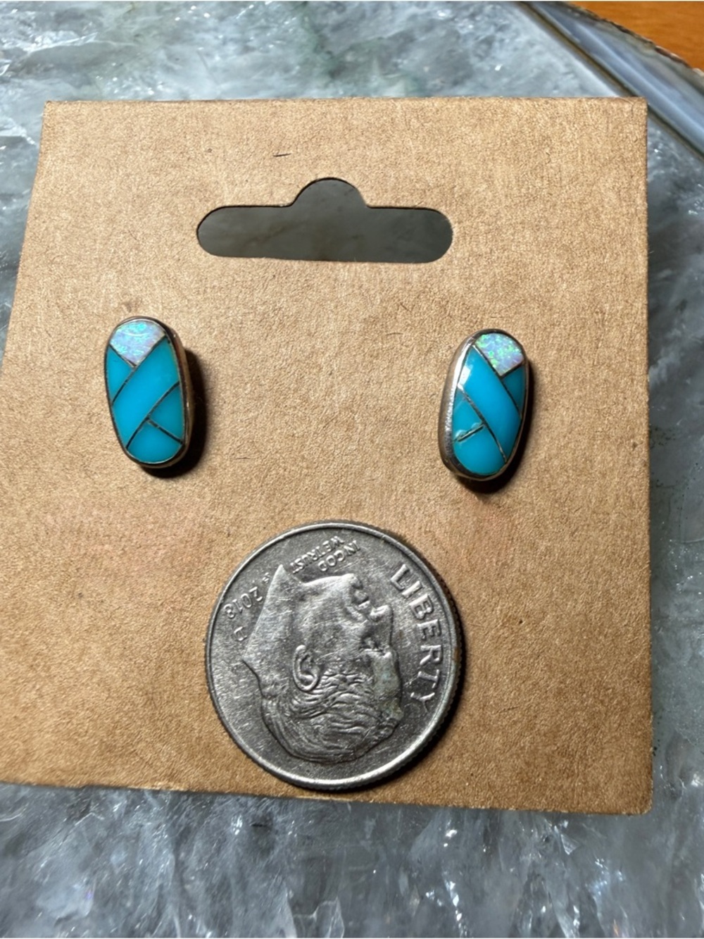 Zuni Native American Turquoise Inlay Oval Opal Turquoise Stud Earrings Signed OR - Picture 10 of 10